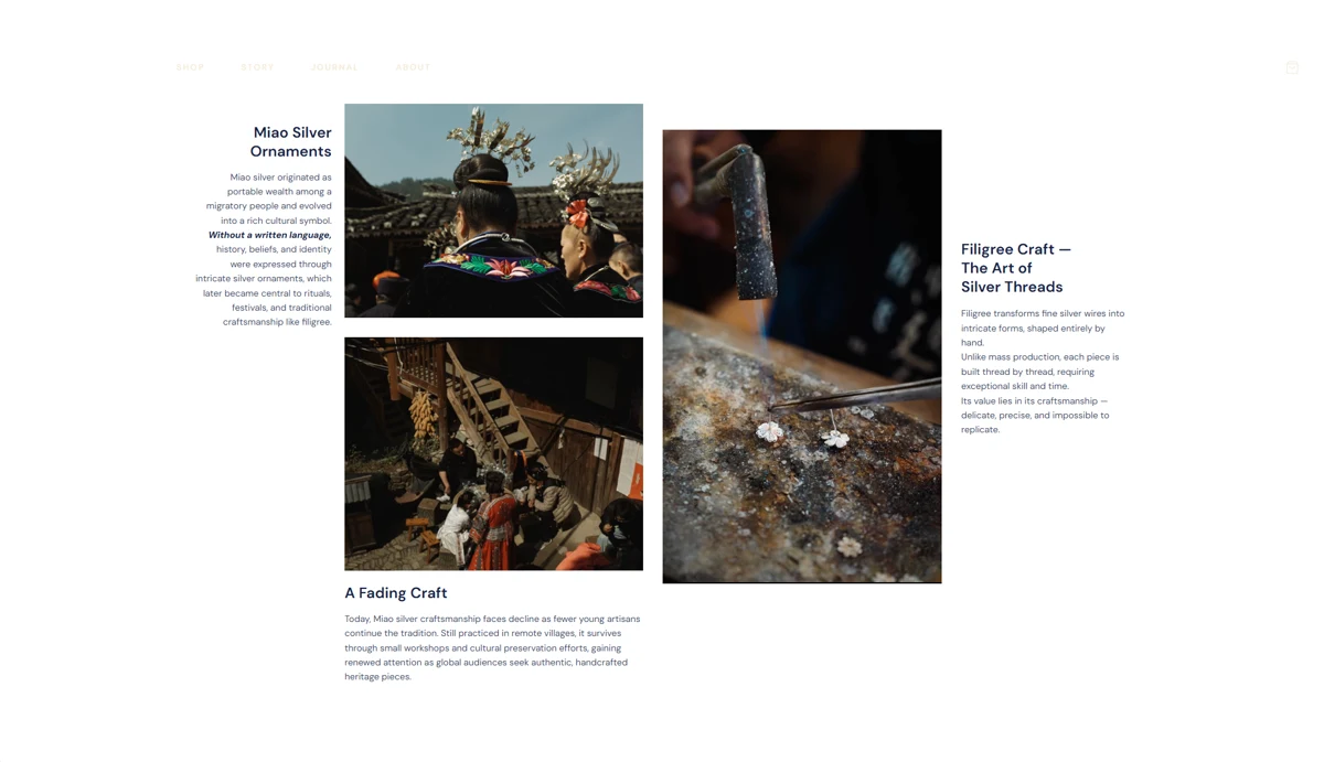 Miao Silver storefront editorial page showing the origins of Miao silver ornaments, filigree craftsmanship, and a fading craft.